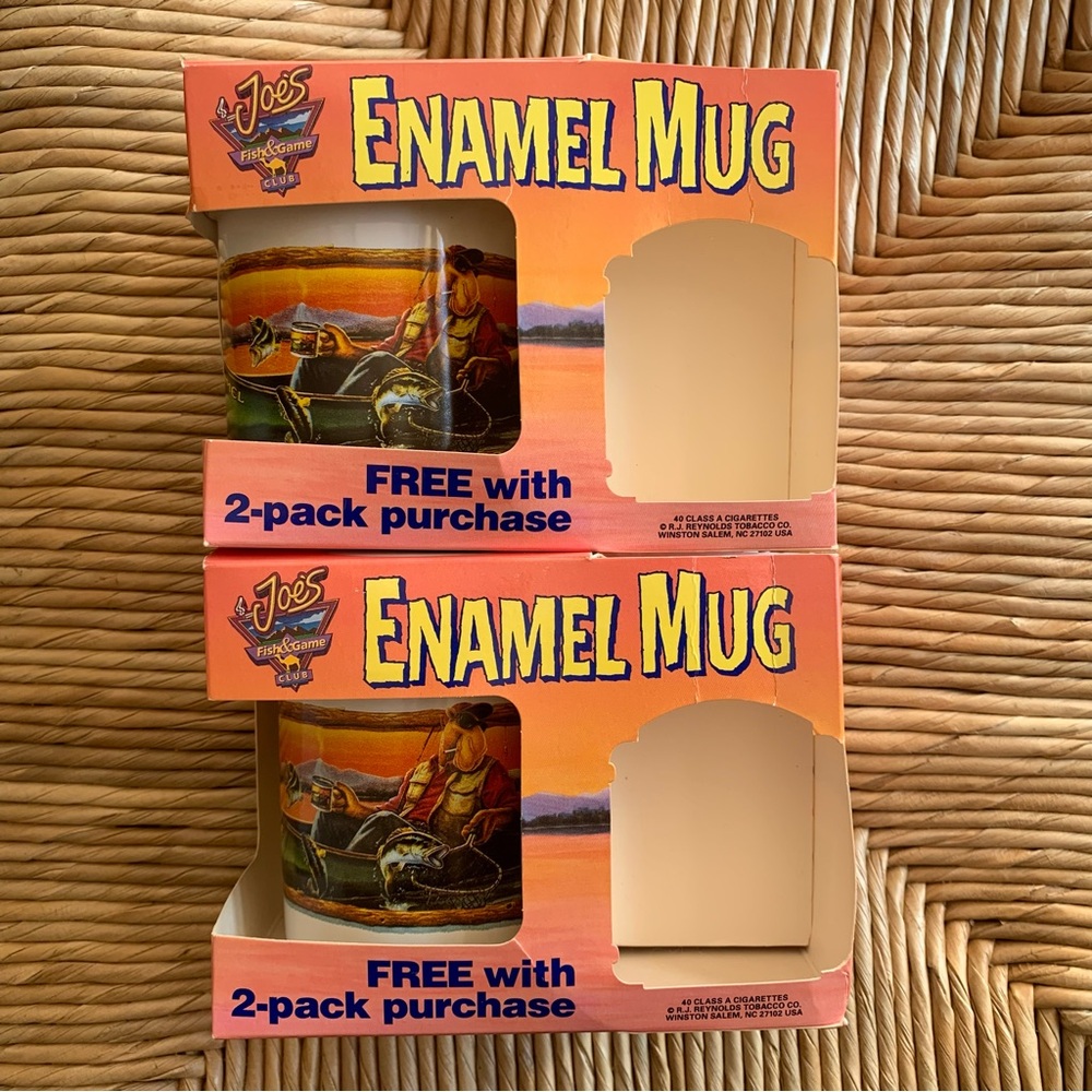 Two vintage 1993 Joe Camel enamel mugs